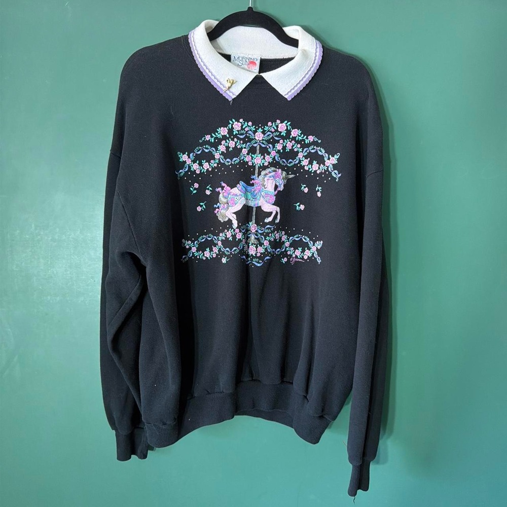 Morning Sun Vintage Unicorn Crewneck Sweatshirt XL Black Embroidered Angel Pin